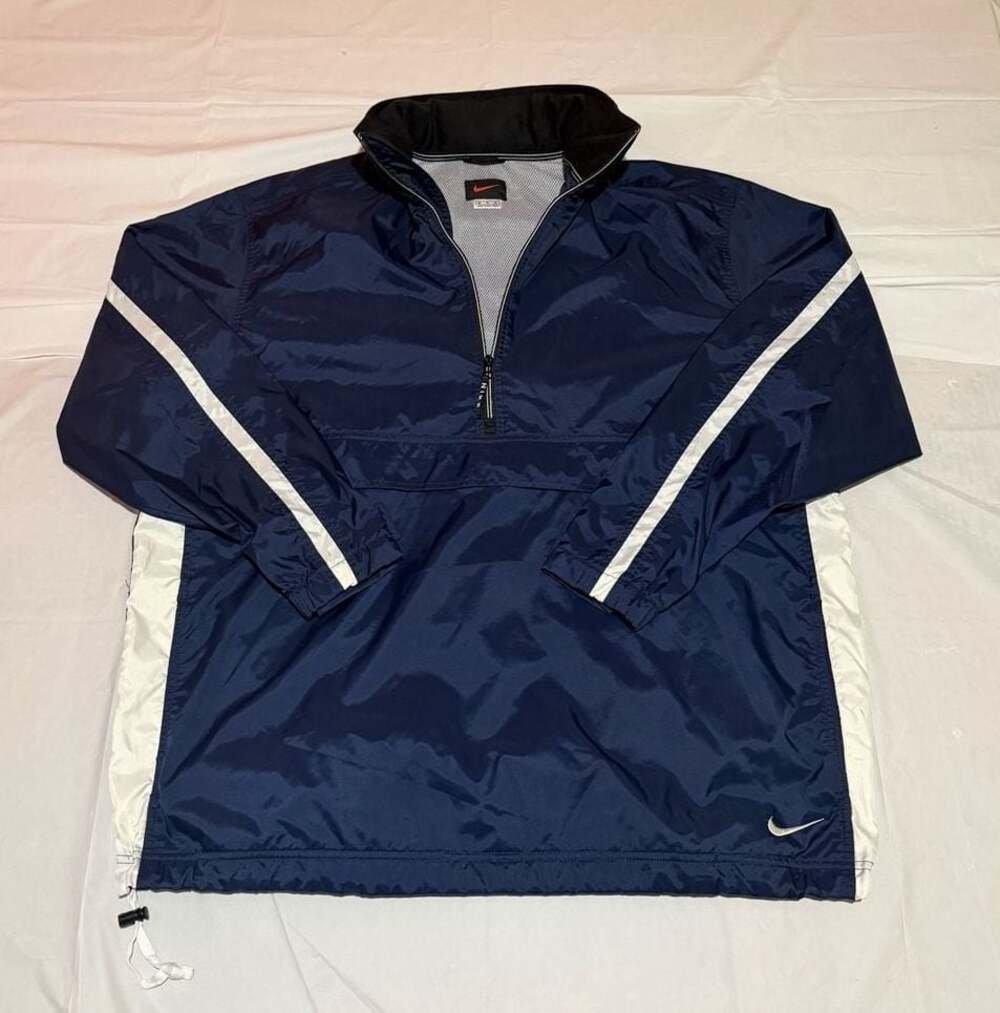 Vintage 90s Nike Navy Blue White Hooded Anorak Half-Zip Windbreaker XL
